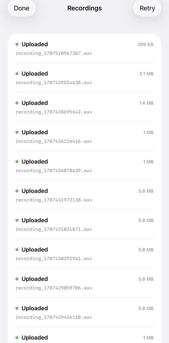 Recordings on iPhone, each marked Uploaded